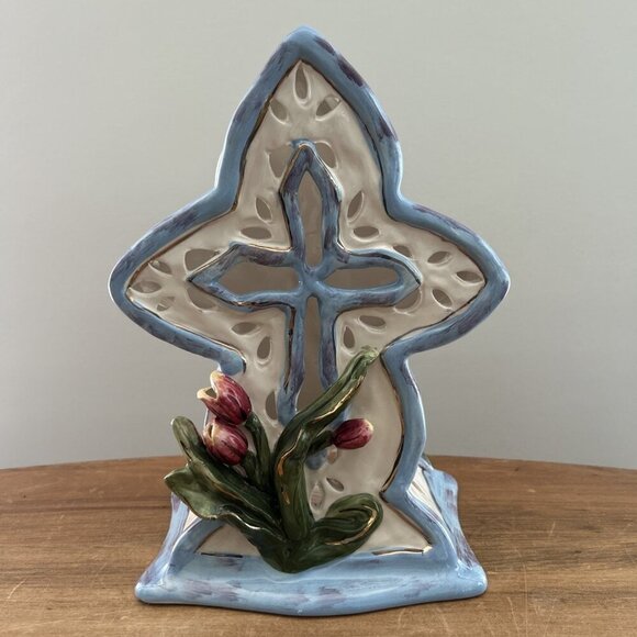 Heather Goldminc Blue Sky Decorative Ceramic Cross with Tulip Flowers Tea Light - Picture 1 of 6